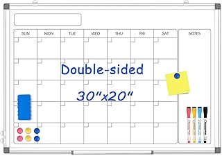 سبورة بيضاء قابلة للمسح الجاف للحائط بتقويم شهري مقاس 30 انش × 20 انش، لوح ابيض كبير مزدوج الجوانب، لوح تعليق مغناطيسي محمول للمكتب والمنزل والمدرسة