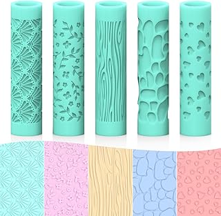 ORIGACH 5 Pcs Polymer Clay Texture Roller for Earring Making, Pottery Tools Texture Roller for Clay Jewelry Making Texture Pattern-Heart, Leaves and Flowers, Cobblestone, Wood Grain, Fan Shape