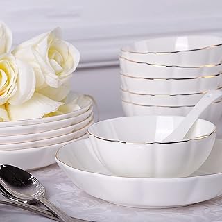 Dinner Set, Porcelain Bone China Dinnerware Kitchen Dinning White Round Tableware Combination Set with Cereal Bowls Soup Plates (25 Pieces Service for 6 People)