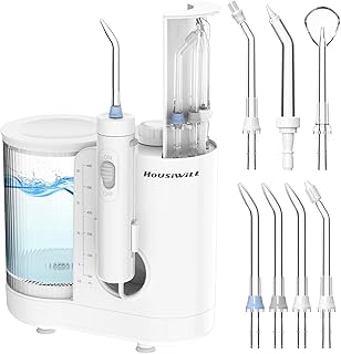 جهاز تنظيف الاسنان بالماء من هوسيويل، 600 مل مع مساحة تخزين مدمجة، 10 اعدادات لتنظيف الاسنان بالماء مع 7 رؤوس لتلبية الاحتياجات المتعددة، جهاز تنظيف الاسنان الكهربائي لتنظيف الاسنان والخيط
