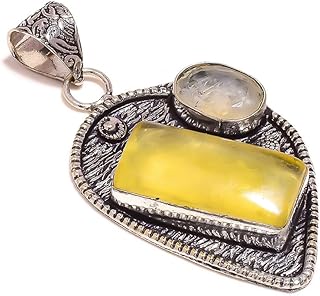 Lemon Quartz & Moonstone Gemstone Antique Handmade Engraved Vintage Dark Pendant, 2.2in, Stone, rectangle lemon quartz white moonstone