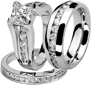 Marimor Jewelry His and Hers Stainless Steel Princess Wedding Ring Set and Eternity Wedding Band