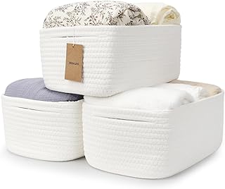 Maxuni 3-Pack Cotton Rope Baskets for Organizing, Fabric Square Storage Baskets, Woven Closet Storage Bin for storage Clothes Toys Books Towels Square Wicker Nursery basket organizer-White