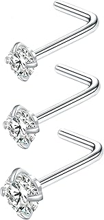 Zifoan 3 Pcs Stainless Steel Nose Rings Studs 20 Gauge L Shaped Curved Nose Piercing 2mm 2.5mm 3mm Diamond CZ Nose Stud L Bend for Women Girl Piercing 20 Gauge 2mm 2.5mm 3mm Silver