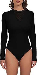 eucsky Bodysuits for Women Polka Dot Sheer Mesh V Neck Long Sleeve Blouse Body Suit Tops Slim fit Jumpsuit