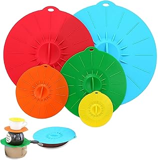 Oasisgalore Heat Resistant Silicone Lids, 5-Pack Silicone Microwave Covers - Various Sizes Silicone Suction Lids for Bowls, Cups, Plates, Pots, Pans - Reusable BPA-Free Silicone Cookware Covers Set