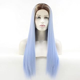 Wigs Europe Ms. Long Straight Wig Blue can be perm Curly Hair Natural Appearance Heat-Resistant Fiber Synthetic Wig(18 Inches)