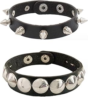 2 Pcs Punk Studded Bracelet Rock Rivets Bracelet Cuff Leather Wristband, Black Metal Spike Studded Rivets Bracelet for Halloween Party Punk Accessories Mens Womens Rock Vintage Gothic Style Adult