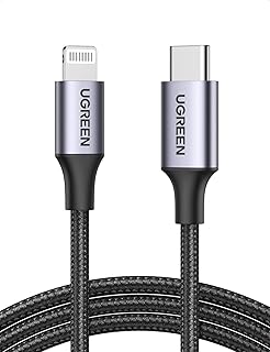 كيبل لايتنيج شحن سريع مضفر من يوجرين 0.25 متر [معتمد من ام اف اي] من USB C الى لايتنيج، بتقنية بي دي 18 واط لهواتف ايفون 3/13 برو/ 13 برو ماكس / 13/ 13 ميني ايباد 9 و12 ميني/ 12/ 12 برو - اسود