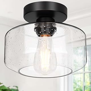 Lámpara de techo industrial de montaje semi empotrado, foco LED de 800 lúmenes incluida, visualización de vidrio semillado, lámpara de granja para pasillo, pasillo, cocina, baño, recámara, passway