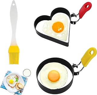 2 PCS Fried Egg Cooking Rings with Oil Brush,Set of 3. Pancake Mould Round and Heart-Shaped Fried Egg Mould with Anti-Heat Handle Stainless Steel Kitchen Gadget Tool