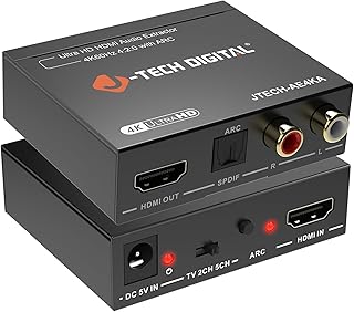 جي- تيك ديجيتال مستخرج صوت HDMI 4K 60Hz HDMI الى RCA بصري، مستخرج صوت HDMI ARC متوافق مع دولبي ديجيتال دي تي اس ستيريو للابتوب واجهزة تشغيل العاب الفيديو الرقمية بلو راي (JTECH-AE4KA)