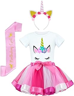 JiaDuo Girls Unicorn Costume Rainbow Tutu with White Shirt, Headband & Satin Sash