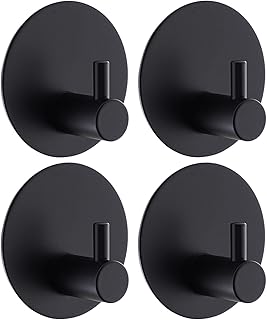 Adhesive Hooks, Heavy Duty Sticky Towel Robe Hooks, Waterproof Stainless Steel Shower Hook, No Drill Stick on Wall Coat Clothes Hooks for Bathroom, Kitchen, and Offices (4, Black Round)