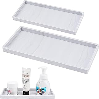 Invalidism 2 Pcs Bathroom Tray Organiser (7.8" and 11.8") Silicone Vanity Tray Shatterproof Sink Tray Countertop Organizer for Cosmetic Kitchen Bath Table Candles Towel Soap Perfume Jewelry (Marble)