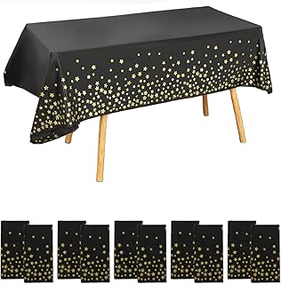 GJIE Table Cloths 10Pcs Party Table Covers, 137x274cm Plastic Gold Star Rectangular Tablecloths for Picnic, Halloween, Christmas, Baby Shower, Graduation, Wedding, Birthday Party (Black Gold Star)