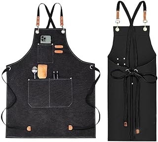 Goodern Chef Aprons for Men Women with Large Pockets,Cotton Canvas Cross Back Apron with Adjustable Straps,Water-Resistant Apron for Cooking BBQ Work Painting Kitchen Gardener Chef Baking