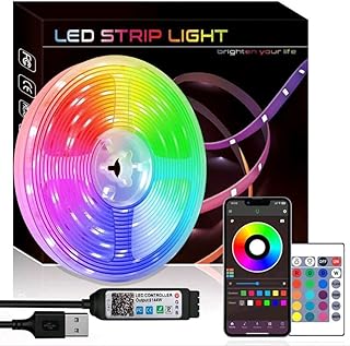 شريط اضاءة LED RGB بطول 5 متر / 16 قدم متغير اللون جهاز تحكم عن بعد اعداد مؤقت وضع الموسيقى للديكور غرفة النوم الكمبيوتر والخزانة التحكم في تطبيق بلوتوث ذكي ديكور، متعدد الألوان