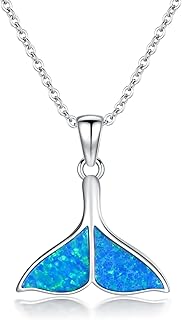 Aihpos 925 Sterling Silver Whale Tail Necklace Blue/White Whale Tail Necklace Charm Opal Whale Tail Pendant Necklace Fish Tail Necklace