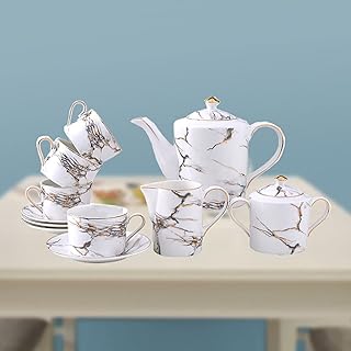 Porcelain Tea Set Luxury British Style Tea Coffee Cup Set Coffee Cups and Saucers with Teapot Sugar Bowl Milk Jug with Marble Pattern,