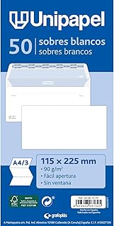 عبوة من 50 ظرف ورقي ابيض 90 غرام | 115 × 225 ملم | اغلاق مستقيم مع شريط ذاتي اللصق سيليكون اوتوديسك | سهل الفتح | معتمد من مجلس رعاية الغابات | مثالي للحروف المطوية مقاس A4 في 3 من يونيبابل