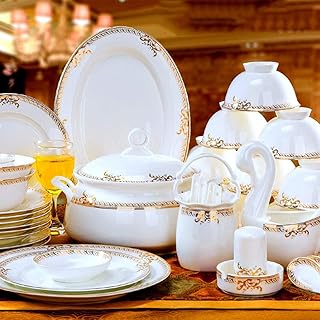 50 Pieces Bone China Dinnerware Set, Kitchen Porcelain Modern Home Round White Plates Dishes Bowls Soup Pot,Service for 12