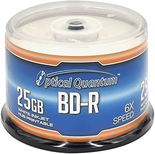 اوبتيكال كوانتوم OQBDR06WIP-H-50 6X 25GB BD-R بيضاء نافثة للحبر قابلة للطباعة طبقة واحدة بلو راي قابلة للتسجيل، 50 قرص المغزل