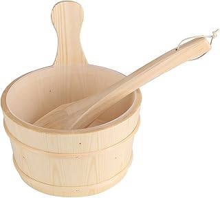 Bathroom Natural Wooden Bucket + Ladle Set with Water Scoop Waterproof Durable Widen Handle for Sauna SPA Bath Accessories Turkish Bath/Sauna Steaming