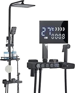 HAKgskk Rainfall Shower System Senlesen Matte Black Thermostatic Shower Faucet LCD Digital Display Rainfall Bathtub Tap With Bathroom Shelf Shower System Set Durability and Dependability(Chrome Thmost