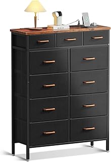 AODK Dresser with Charging Station, 52" Tall Dresser for Bedroom with 11 Storage Drawers, Chest of Drawers Large Fabric Dresser for Living Room, Closet, Black