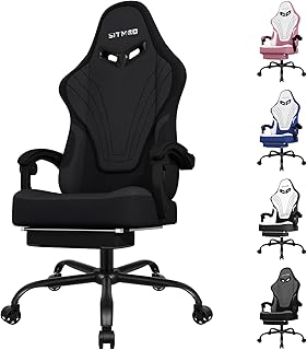 Fabric Gaming Chair, Computer Office Chair with Massage Lumbar Support and Footrest, Height Adjustable Reclining Chair, High Back Ergonomic Video Game Chair 360°-Swivel Seat for Adults, Black