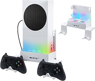 Mcbazel RGB Cooling Stand Wall Mount for Xbox Series S, Multifunctional Stand 3-Level Adjustable Dual Cooling Fan with LED Light, 3 Extra USB Ports and 2 Controller Headset Holders for Xbox Series S