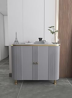 "Luxury Coffee Corner - Modern Sideboard Storage Unit - Wooden Side Table with Double Doors - Elegant Marble Top - Multi-Purpose Storage Cabinet - Silver/Gold Color - 120×100×40 cm