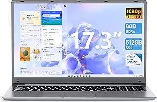 لابتوب ناكلود 17.3 انش 8GB RAM 256GB SSD، لابتوب مع معالج سيليرون رباعي النواة، شاشة IPS FHD، كاميرا ويب، واي فاي مزدوج، منفذ HDMI صغير، USB 3.0، بلوتوث 4.2، رمادي