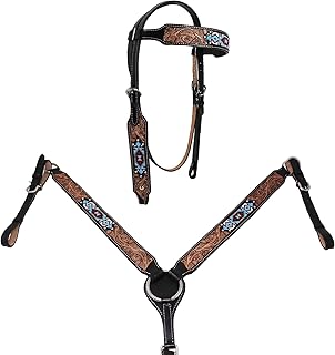 Horse Show Bridle Western Leather Western Basket Weave Tooled Leather Beaded Bridle Breast Collar Tack 79TacksetBeaded