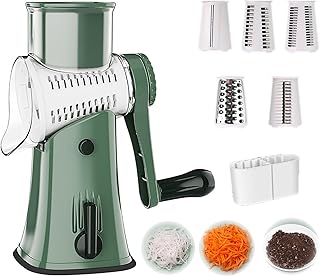 Rotary Cheese Grater, Hand-Cranked Vegetable Shredder, with 5 Sets of Blades and Knife Storage Box, the Bottom Suction Cup is More Stable, Suitable for Vegetable Shredding and Dry Fruit Grinding