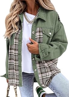 Shackets for Women 2023 With Pockets Fashion Long Sleeve Button Down Shirts Plaid Shacket Women Jackets Fall Tops Oversized Denim Shacket for Women US 4-6(S),Green