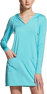 Women's UPF 50+ Long Sleeve Beach Hoodie Dress with Pockets, SPF/UV Protection Swim Cover up, Summer Casual Sun Dresses, Hoodie Dress Aqua, X-Large