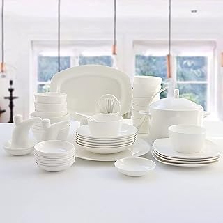 Square Dinner Set, White Porcelain Bone China Serving Kitchen Dinnerware Set with Cereal Bowls Dessert Plates Microwave and Oven Safe (56 Pieces Service for 12 People)