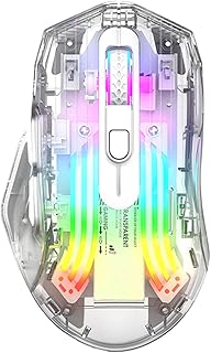 اتش اكس ام جيه - ماوس العاب لاسلكي بهيكل كريستالي شفاف، ثلاثي الاوضاع (سلك USB + لاسلكي 2.4G + بلوتوث)، نقرة صامتة، قابل لاعادة الشحن، اضاءة خلفية RGB - ابيض