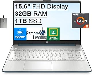 لابتوب اتش بي 2021، 15.6 انش FHD، معالج AMD رايزن 5-5500U (بيتس انتل i71065G7)، 32GB RAM، 1TB، منفذ PCIe SSD، رسومات AMD راديون، كاميرا ويب HD، HDMI، بلوتوث، واي فاي، ويندوز 10، ازرق، بطاقة USB 32GB