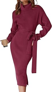 Women's Turtleneck Sweater Midi Dress Long Sleeve Ribbed Knit Bodycon Slit Dress with Belt