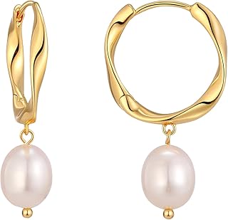 XYJZXY Freshwater Cultured Pearl Earrings for Women 18K Gold Pearl Drop Earrings Dangle Small Huggie Hoop Earrings Bridesmaid Earrings Wedding Jewelry