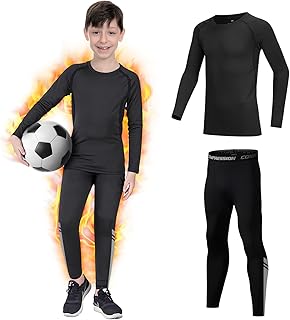 Kids Base Layer - Fleece Lined Athletic Kids Thermal Base Layer Set, Warm Football Skins Long Sleeve Top and Leggings Compression Set, Reflective Line Thermal Underwear Kids for Biking, Ski & Running