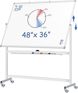 سبورة بيضاء كبيرة بوجهين قابلة للتحريك ودوارة 360 درجة يمكن مسحها بشكل جاف، لوح ابيض مغناطيسي مع حامل قابل لتعديل الارتفاع على عجلات مع ملحقات للمنزل والمكتب والفصول الدراسية 48×36 انش من ماكس تيك