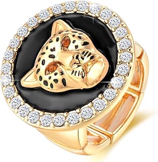 OSCCI Hip Hop Gold Adjustable Leopard Head Ring Statement Colorful Enamel Stretch Crystal Panther Finger Rings Cocktail Costume Club Party Jewelry