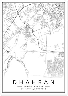 جيني لوحة فنية جدارية مطبوعة على القماش بخريطة مدينة المملكة العربية السعودية من الظهران، لوحة فنية عصرية باللونين الابيض والاسود، هدية تذكارية لديكور المنزل لغرفة المعيشة وغرفة النوم، 90 × 130 سم