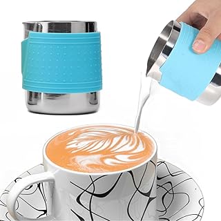 Espresso Milk Frothing Pitcher, Stainless Steel Milk Frothing Pitcher 12OZ/350ML Coffee Milk Frother Cup With Heat Resistant Silicone Grip Pads for Espresso Machine, Milk Frother, Latte Art (Blue)