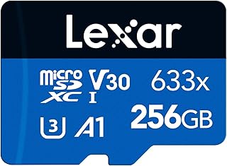 بطاقة Micro SD 633x 256GB من ليكسار، بطاقة microSDXC UHS-I + محول SD، بطاقة ذاكرة microSD حتى 100 ميجابايت/ثانية، A1، فئة 10، U3، V30، بطاقة TF للهواتف الذكية/التابلت/كاميرات IP (LMS0633256G-BNAAA)