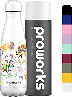 Proworks Performance Stainless Steel Sports Water Bottle | Double Insulated Vacuum Flask for 12 Hours Hot & 24 Hours Cold Drinks For Home, Work, Gym & Travel - 1 Litre - All White - Dancing Animals